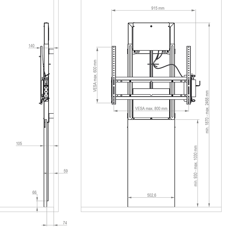 Hagor WH Moto Slim Stud-wall | 42" - 86" motorisch höhenverstellbares Liftsystem