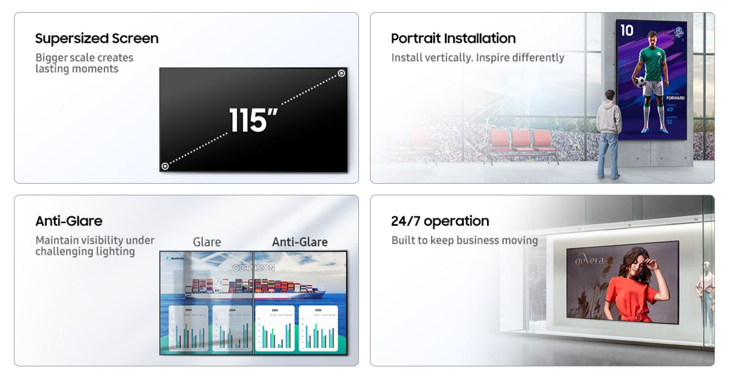 Samsung QH115FX | 115 Zoll | 1000 cd/m² | 4K UHD | 3840 x 2160 Pixel | 24/7 Display